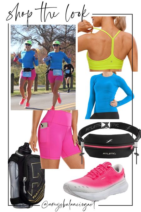 Shop this marathon look! 

Hats are from rnnr but tagged some similar options on Amazon. 

Hot pink biker shorts | neon yellow sports bra | blue fitted running long sleeve shirt | running belt | handheld running water bottlee

#LTKfindsunder50 #LTKfitness