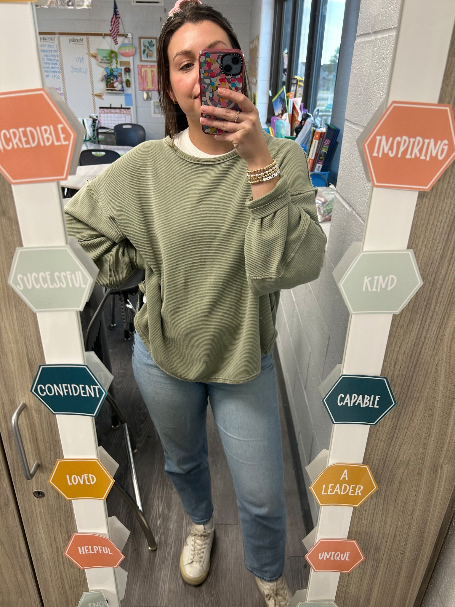 Favorite top!! It’s a mix between a tee and sweatshirt. Perfect with jeans or leggings!
