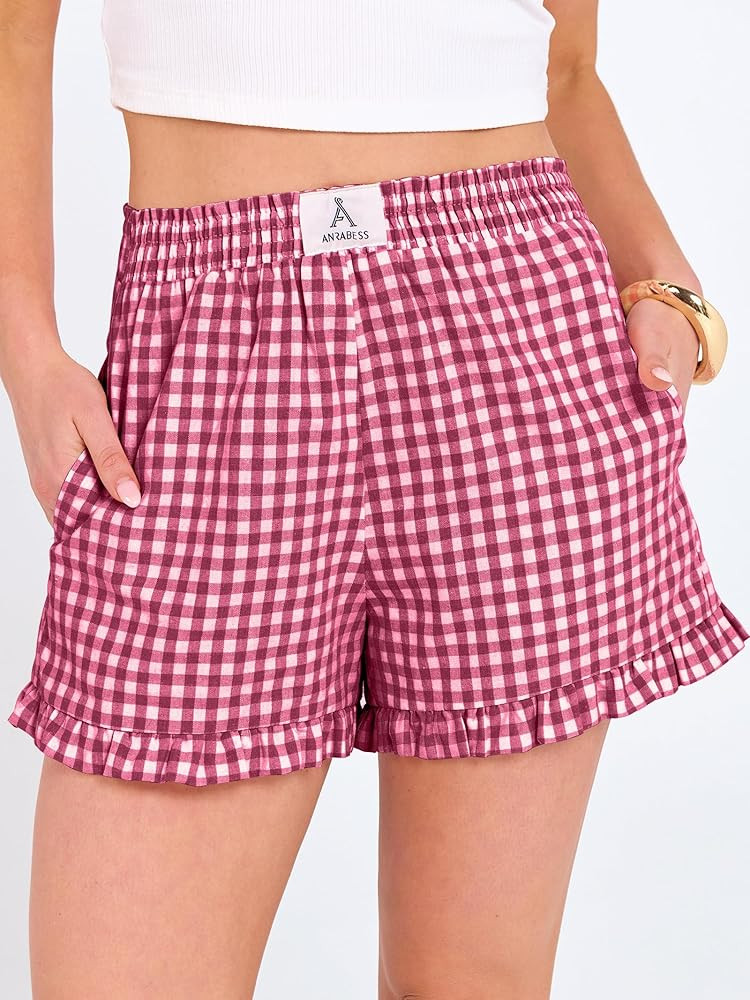 ANRABESS Boxer Shorts for Women,Gingham Plaid Elastic Waist Ruffle,Perfect for Lounge,Pajama&Slee... | Amazon (US)