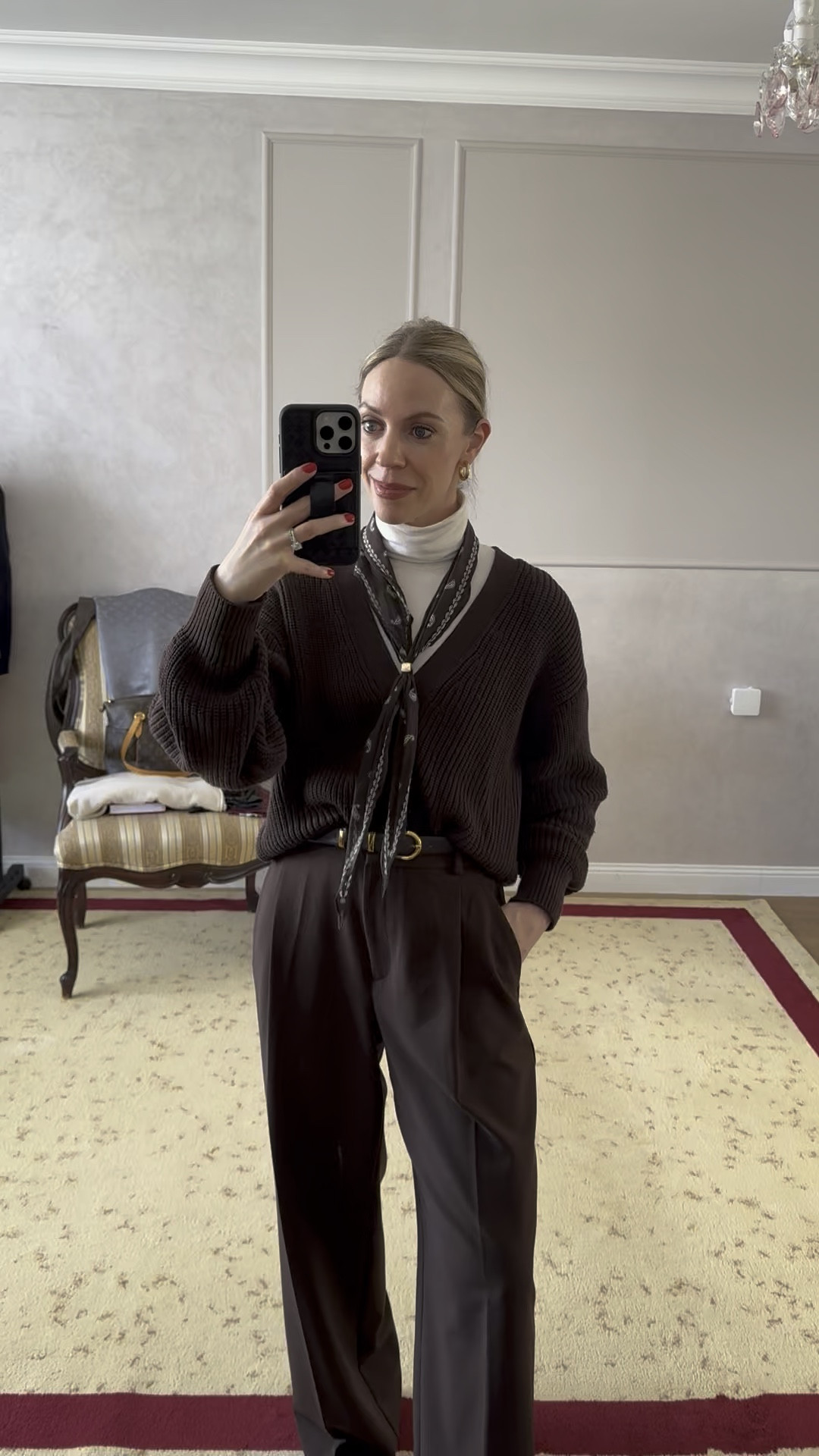 Work wear look, monochrome dark brown, chocolate brown outfit, bandana scarf, brown wide leg trousers, office outfit 

#LTKOver40 #LTKFindsUnder50 #LTKWorkwear