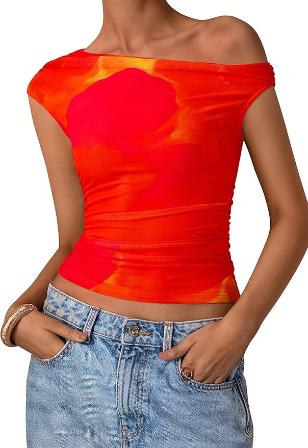 PRETTYGARDEN Women's Off Shoulder Tops 2026 Summer Going Out Crop Tank Tops Asymmetrical Floral M... | Amazon (US)