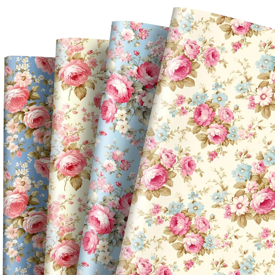 AnyDesign 12 Sheets Floral Wrapping Paper Vintage Flower Pink Roses Gift Wrap 4 Designs Retro Cra... | Amazon (US)