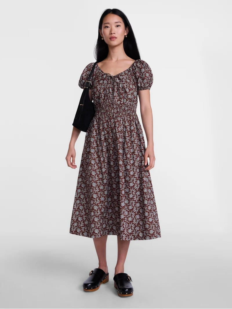 Scenario Women's and Women's Plus Smocked Waist Peasant Midi Dress with Puff Sleeves, Sizes XS-4X | Walmart (US)