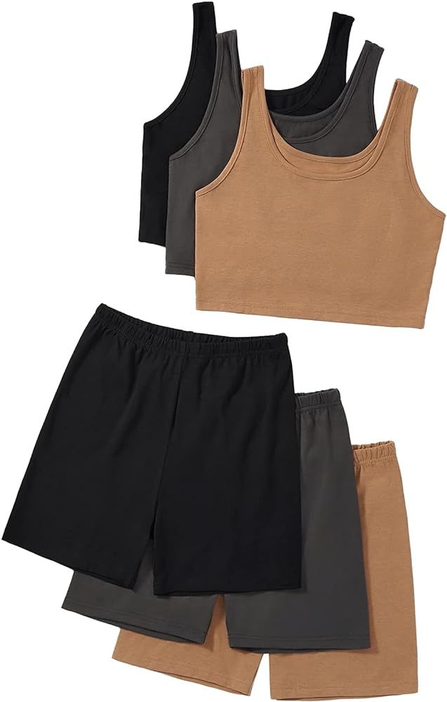SheIn Women's 6 Piece Biker Short Set Crop Tank Top Elastic Waist Shorts Lounge Set Outfits | Amazon (US)