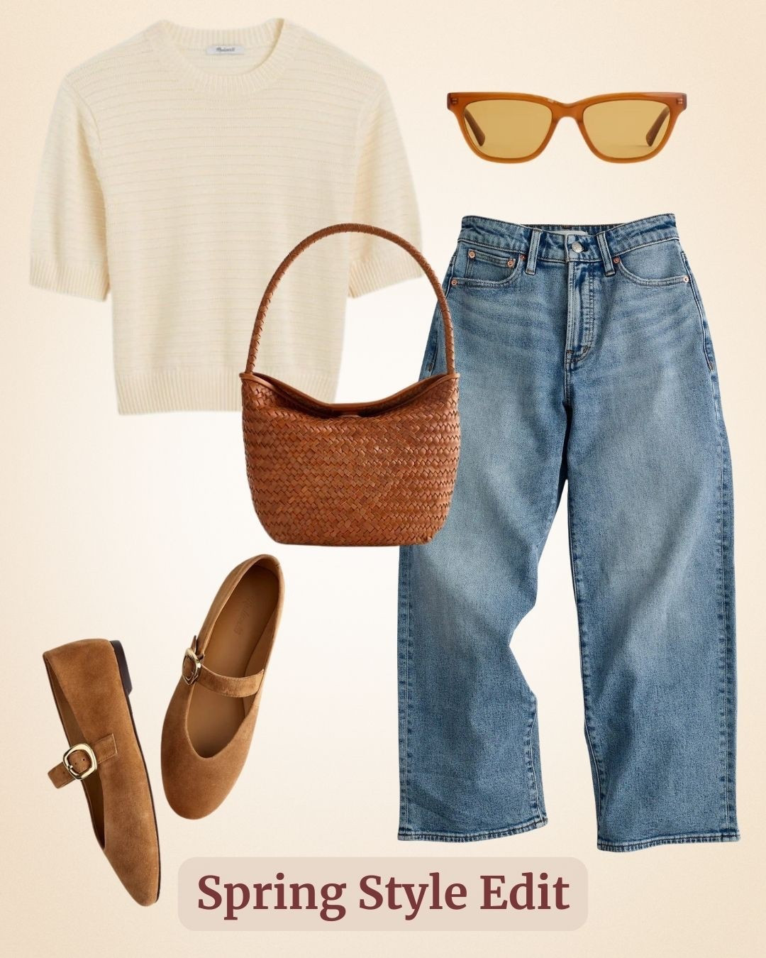 Madewell insiders 25% off! Spring style wardrobe edit - vintage ivory short sleeve crewneck sweater, cropped wide leg jeans, paired with accessories- woven shoulder bag, Mary Jane shoes, and sunglasses. You’re ready to go out on the town ootd!

#LTKOver40 #LTKootd #LTKPetite