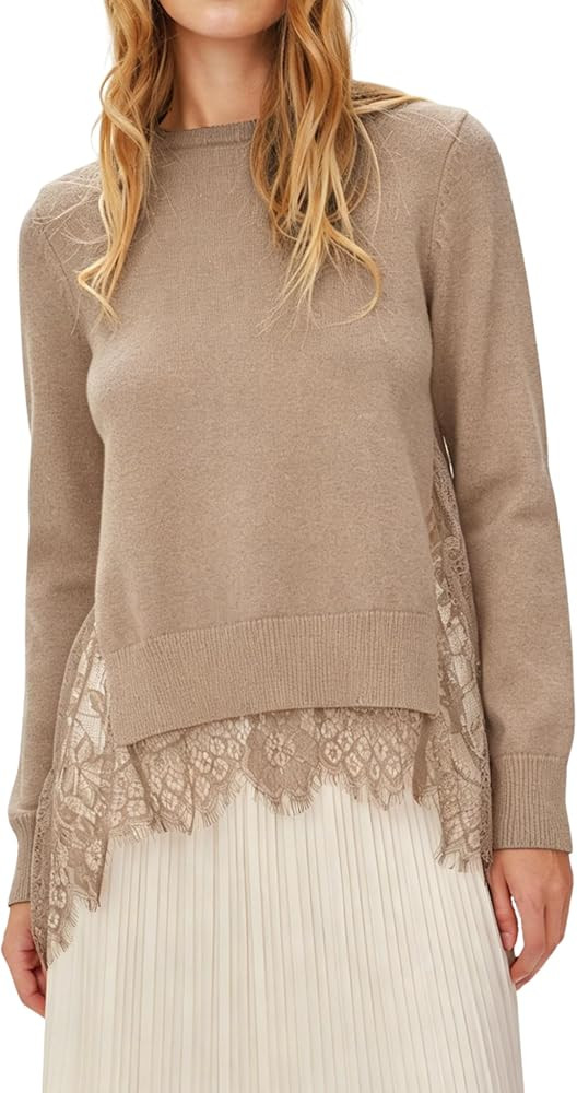 MINSURE Women Long Sleeve Knit Sweater Lace Spliced Hem Crew Neck Blouse | Amazon (US)