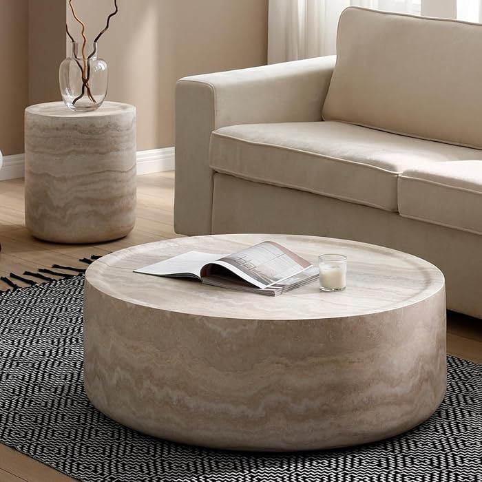 \u00f831.5'' Round Stone Coffee Table for Living Room, Modern Drum Circle Faux Concrete Marble Co... | Amazon (US)