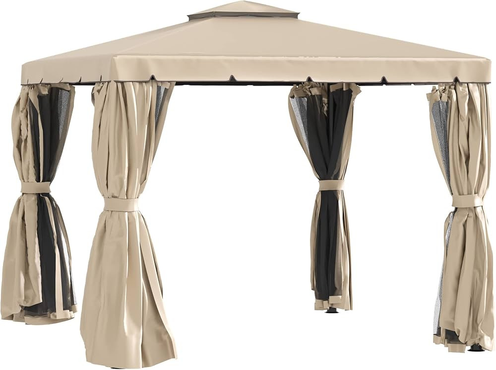 Outsunny 10’ x 10’ Outdoor Patio Gazebo with Beautiful Polyester Curtains, 2-Tier Roof, & Mes... | Amazon (US)
