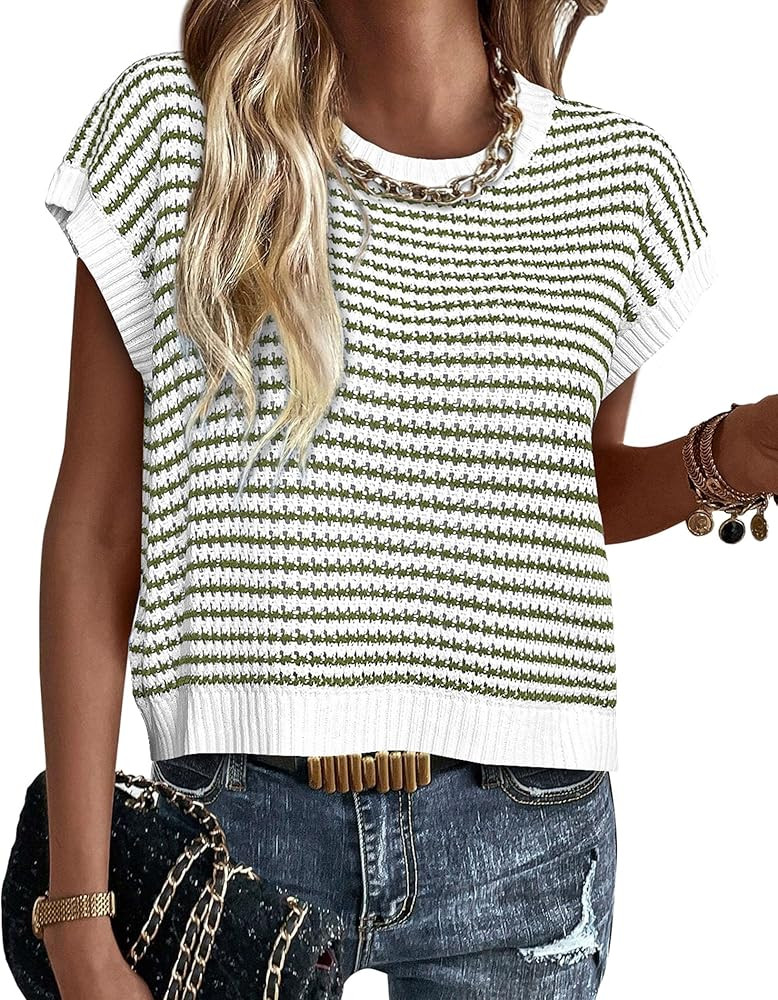 PRETTYGARDEN Womens Short Sleeve Sweater Spring Summer 2026 Round Neck Striped Pullover Cap Sleev... | Amazon (US)