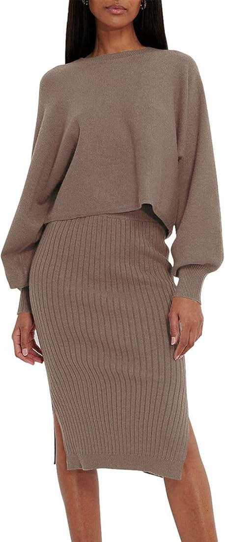 Meenew Women's 2 Piece Dress Long Sleeve Crop Sweater High Slit Ribbed Midi Bodycon Skirt Set | Amazon (US)