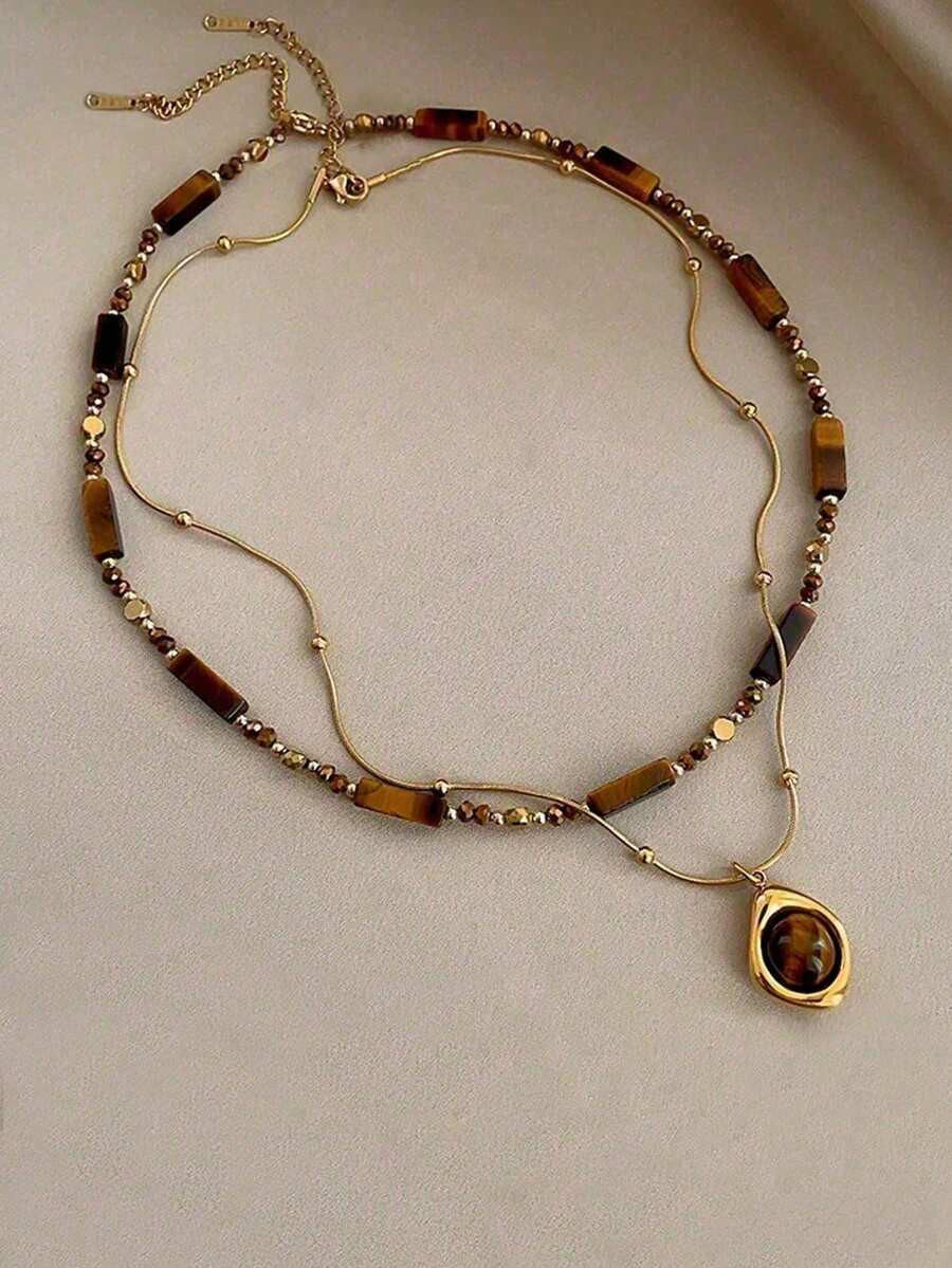 1pc/Set Vintage Elegant Multi-Layer Tiger Eye Stone Pendant Necklace, Women's Double-Layer Clavic... | SHEIN