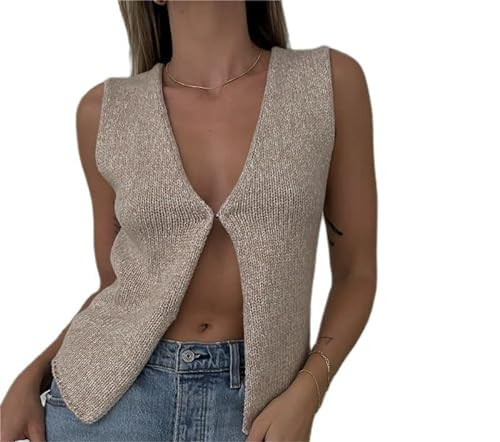 Women Vest Simple Y2K Sleeveless V-Neck Knitted Open Front Streetwear Breathable Tank Tops (D-Oatmeal, S) | Amazon (US)