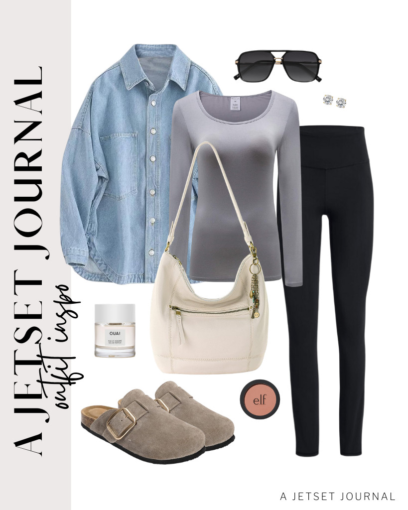 Use The Sak Sequoia leather bag and leather clogs if you are wearing this gray OThread & Co. long-sleeve T-shirt and leggings combination. Layer a denim jacket on top of it, too, for a more retro-inspired look. Finish the look with Kainier stud earrings and this top-selling e.l.f. Primer-infused blush. 

 #LTKSeasonal #LTKSaleAlert #LTKTravel