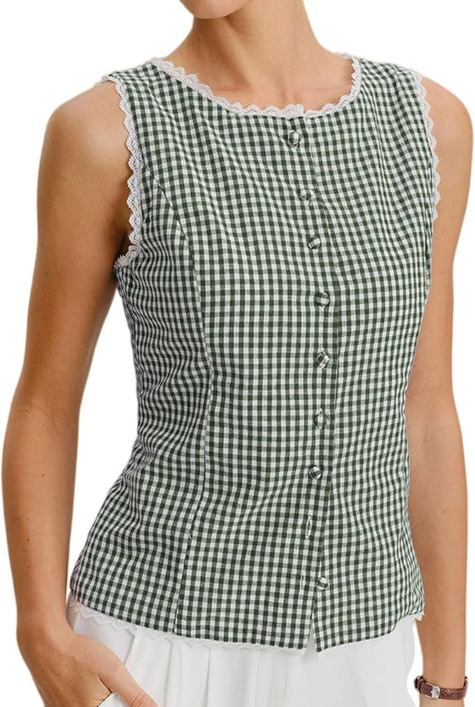 RIHOAS Women's Brown Plaid Sleeveless Button Down Blouse - Lace Trim Fitted Waist Business Casual... | Amazon (US)