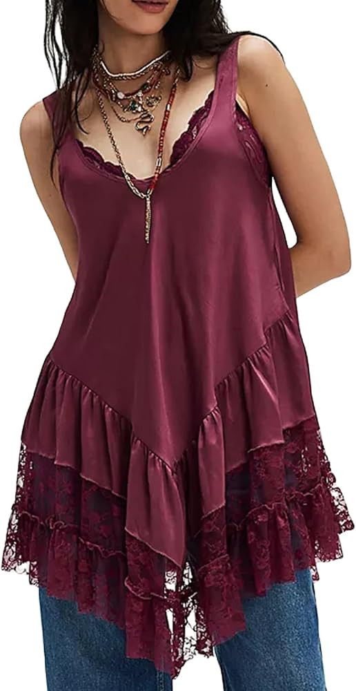 Women's Lace Flowy Mini Dress Y2k Sleevelss Backless Slip Dress Drop Waist Short Tunic Dress Ling... | Amazon (US)