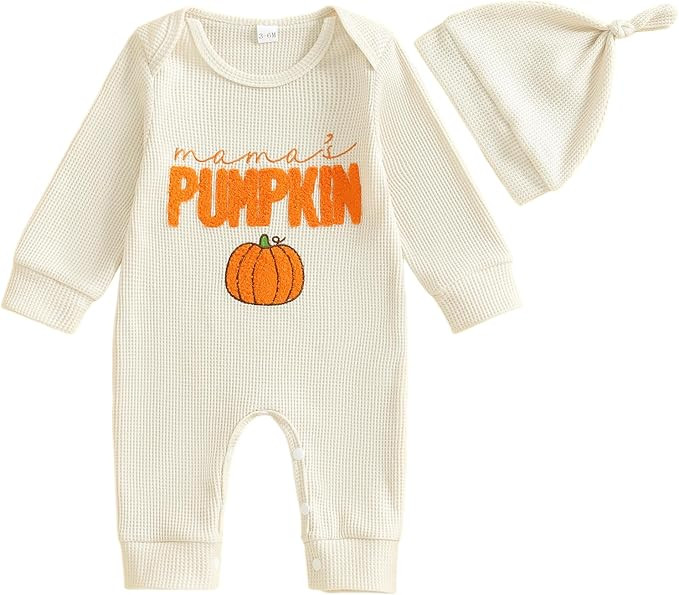 Newborn Infant Baby Boy Halloween Outfit Little Pumpkin Embroidery Romper Waffle Knit Long Sleeve... | Amazon (US)