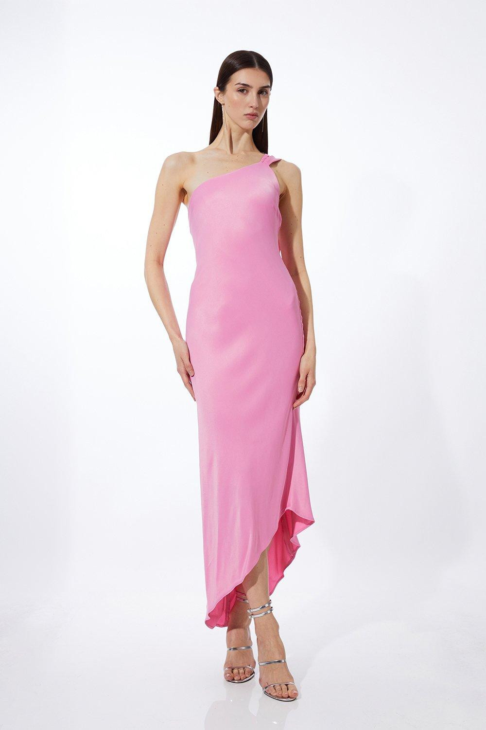 Satin Back Crepe Tailored One Shoulder Chain Detail Asymmetric Midaxi Dress | Karen Millen UK + IE + DE + NL
