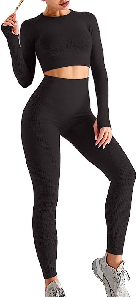 EUYZOU Womens Seamless 2 Piece Workout Set - High Waited Legging&Crop Tops Yoga Gym Outfits Sportwea | Amazon (US)
