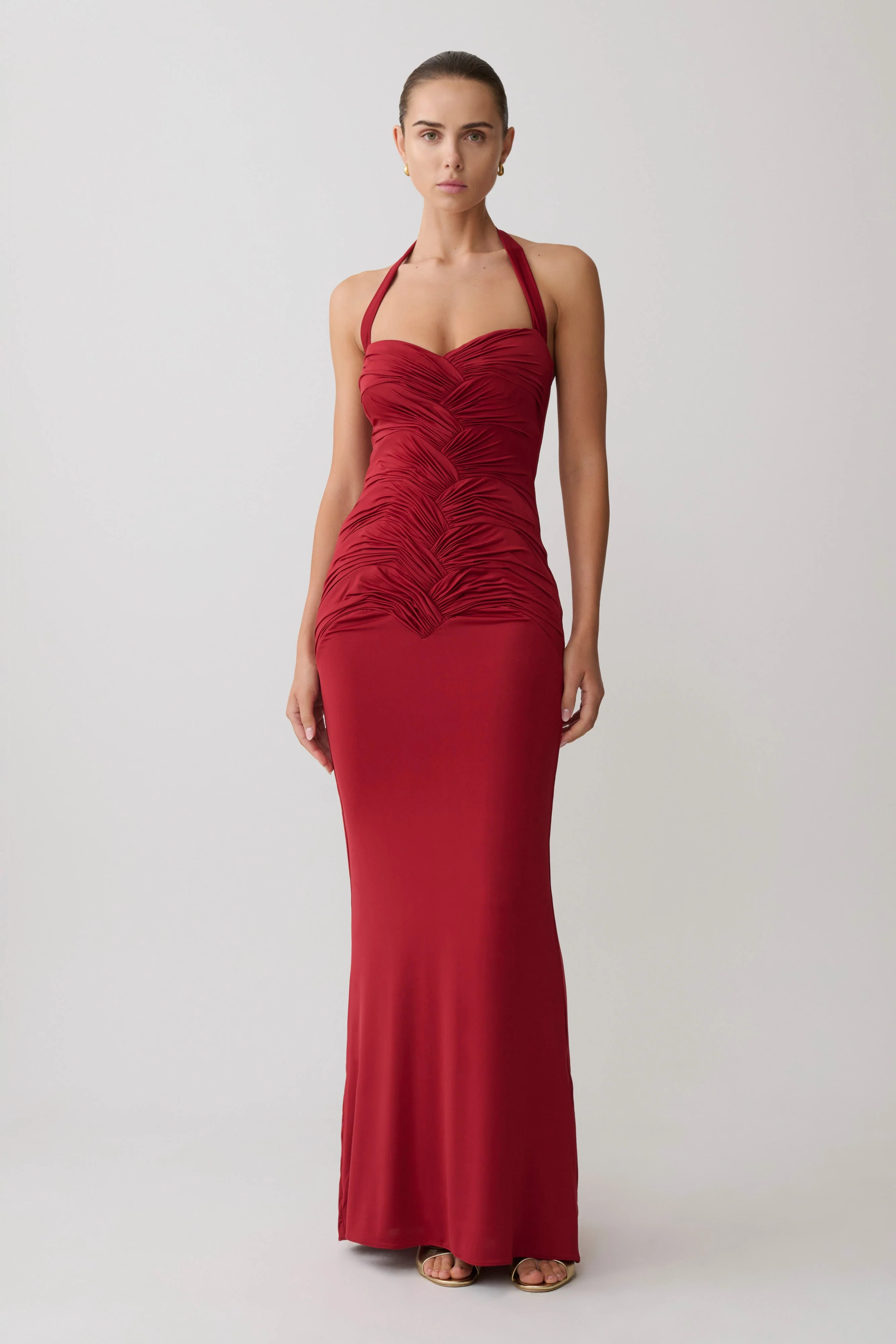 Hoai Gathered Slinky Halter Maxi Dress - Deep Red | Meshki UK