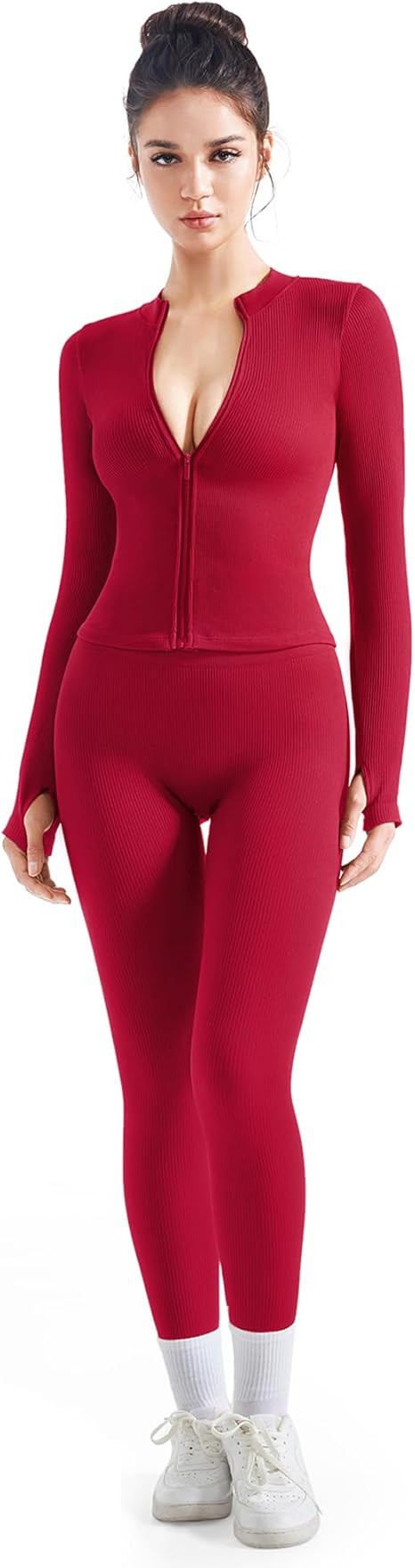 SUUKSESS Women 2 Piece Seamless Ribbed Workout Sets With Zip Up Jacket High Waisted Gym Yoga Legg... | Amazon (US)