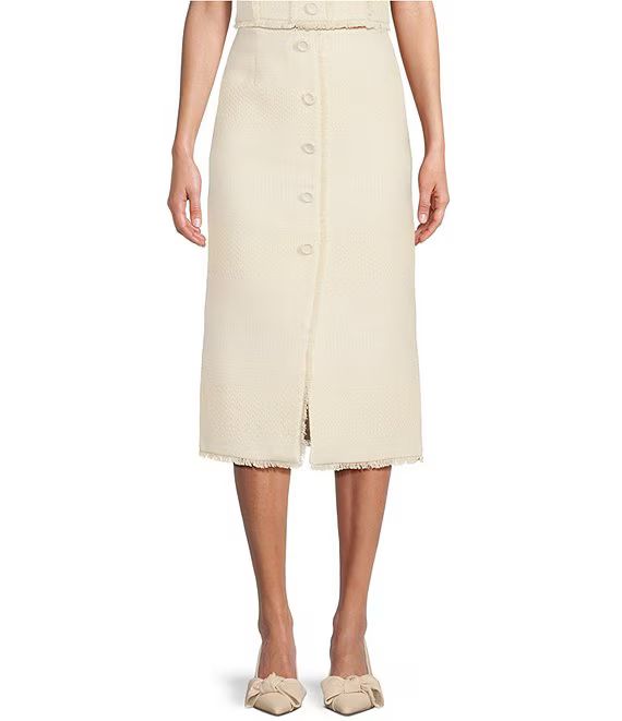 Murielle Tweed Midi Front Slit Frayed Edge Coordinating Pencil Skirt | Dillard's