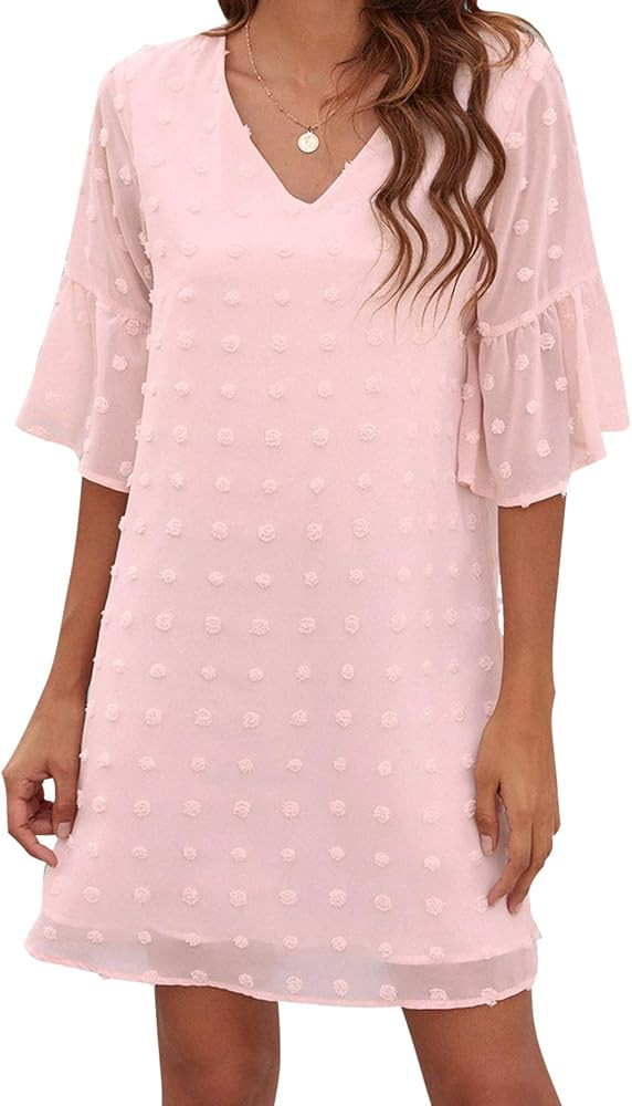 Blooming Jelly Womens White Dresses Short Sleeve V Neck Ruffle Cute Sun Dress Chiffon Flowy Shift Mi | Amazon (US)