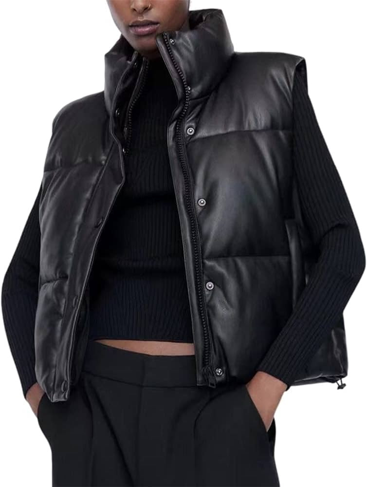 Women Warm Puffer Vest Faux Leather Zipper Cropped Stand Collar Sleeveless Padded Winter Outerwea... | Amazon (US)