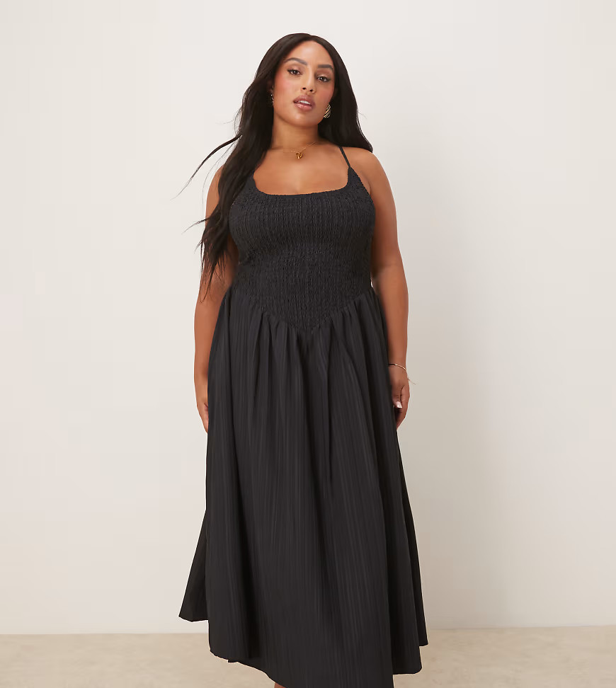 ASOS DESIGN Curve scoop neck crinkle maxi dress with cross back in black | ASOS (Global)