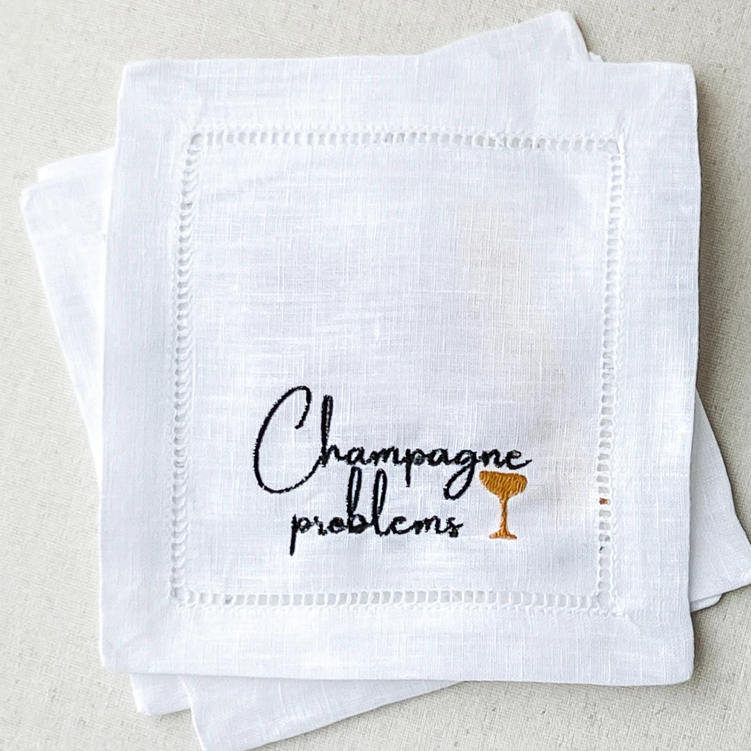 Champagne Problems Embroidered Linen Cocktail Napkins set of - Etsy | Etsy (US)