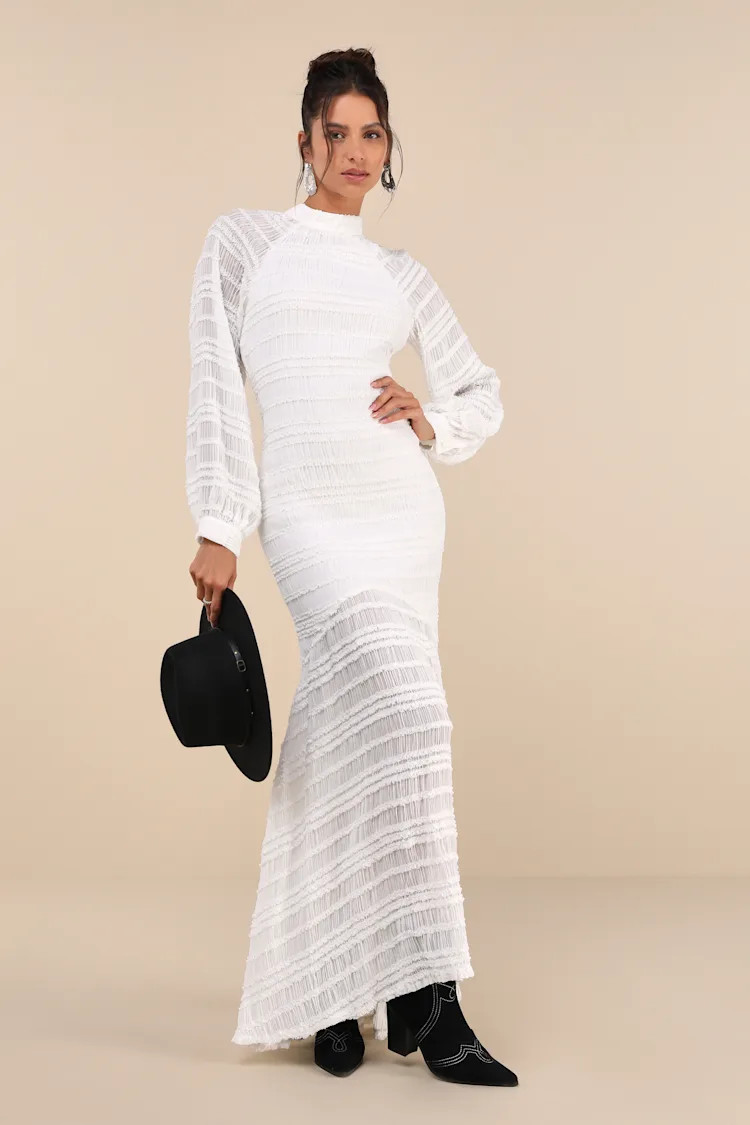 Exemplary Romance White Textured Backless Trumpet Hem Maxi Dress | Lulus