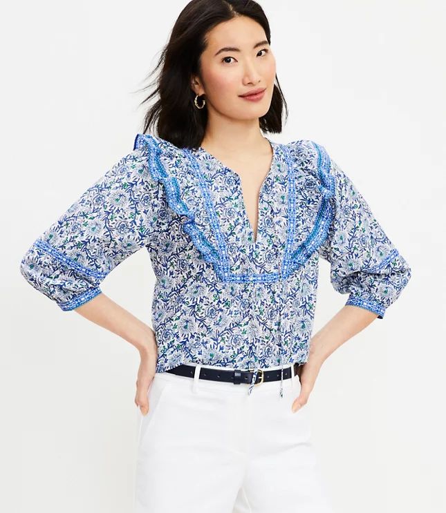 Ruffle Bib Tie Neck Blouse | LOFT