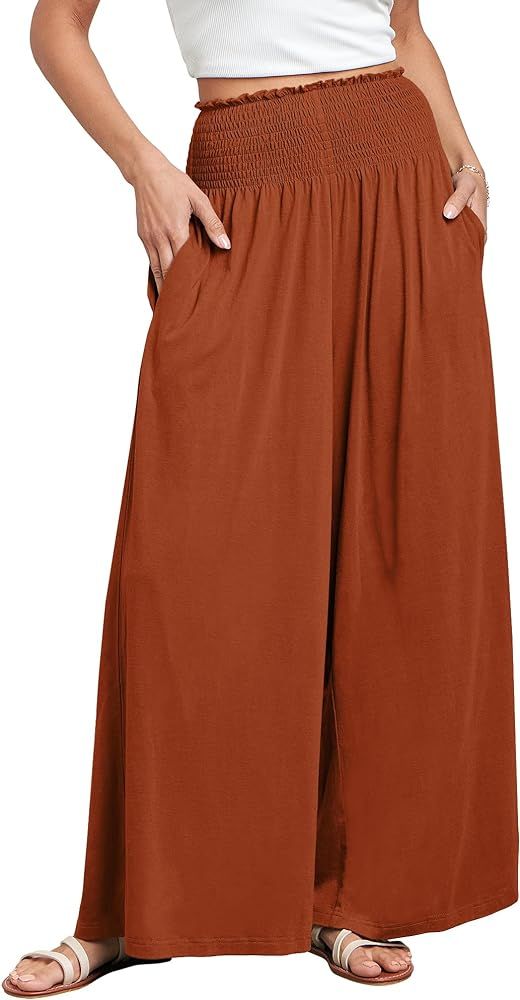 ANRABESS Women Palazzo Pants Summer Boho Wide Leg High Waist Casual Loose Lounge Pant Trousers wi... | Amazon (US)