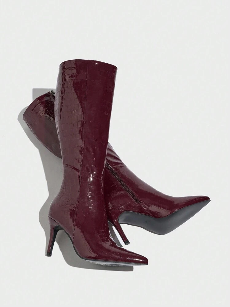 Classic Pointed-Toe Women's Sexy Stiletto High Heel Winter Stone Texture Zipper Warm Boots, Brown... | SHEIN