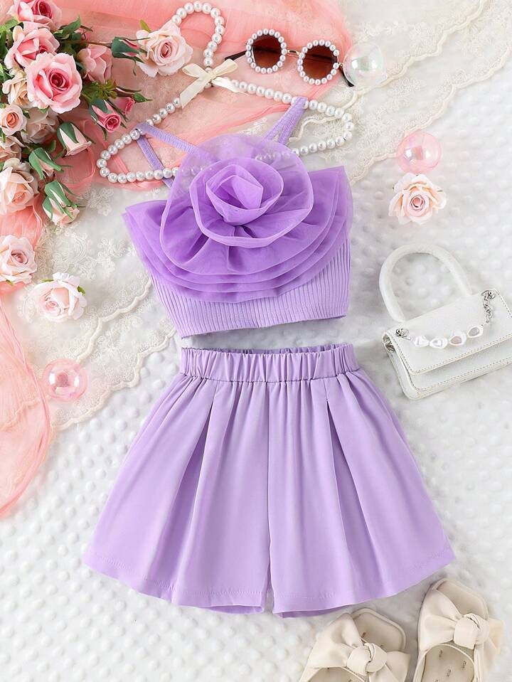Young Girl 2pcs/Set 3d Flower Patchwork Camisole Top + Sports Shorts Outfit | SHEIN