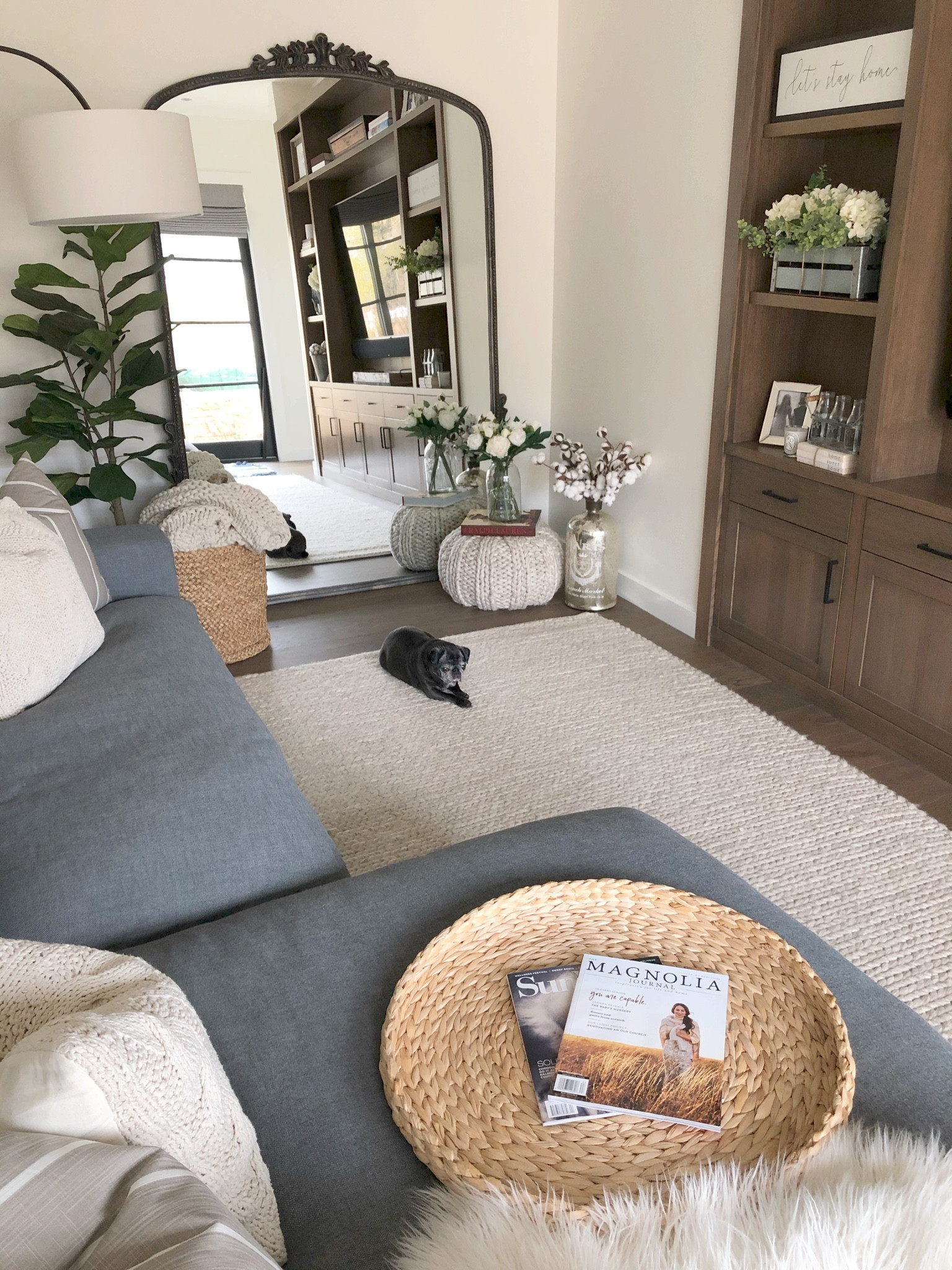 H O M E \ use a floor mirror to make spaces look bigger! I used this in my small media room ☀️

Home decor 
Living room

#LTKhome