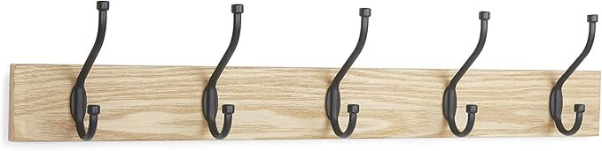 Amazon Basics Wall-Mounted Farmhouse Coat Rack, 5 Hooks, Set of 2, Natural | Amazon (US)