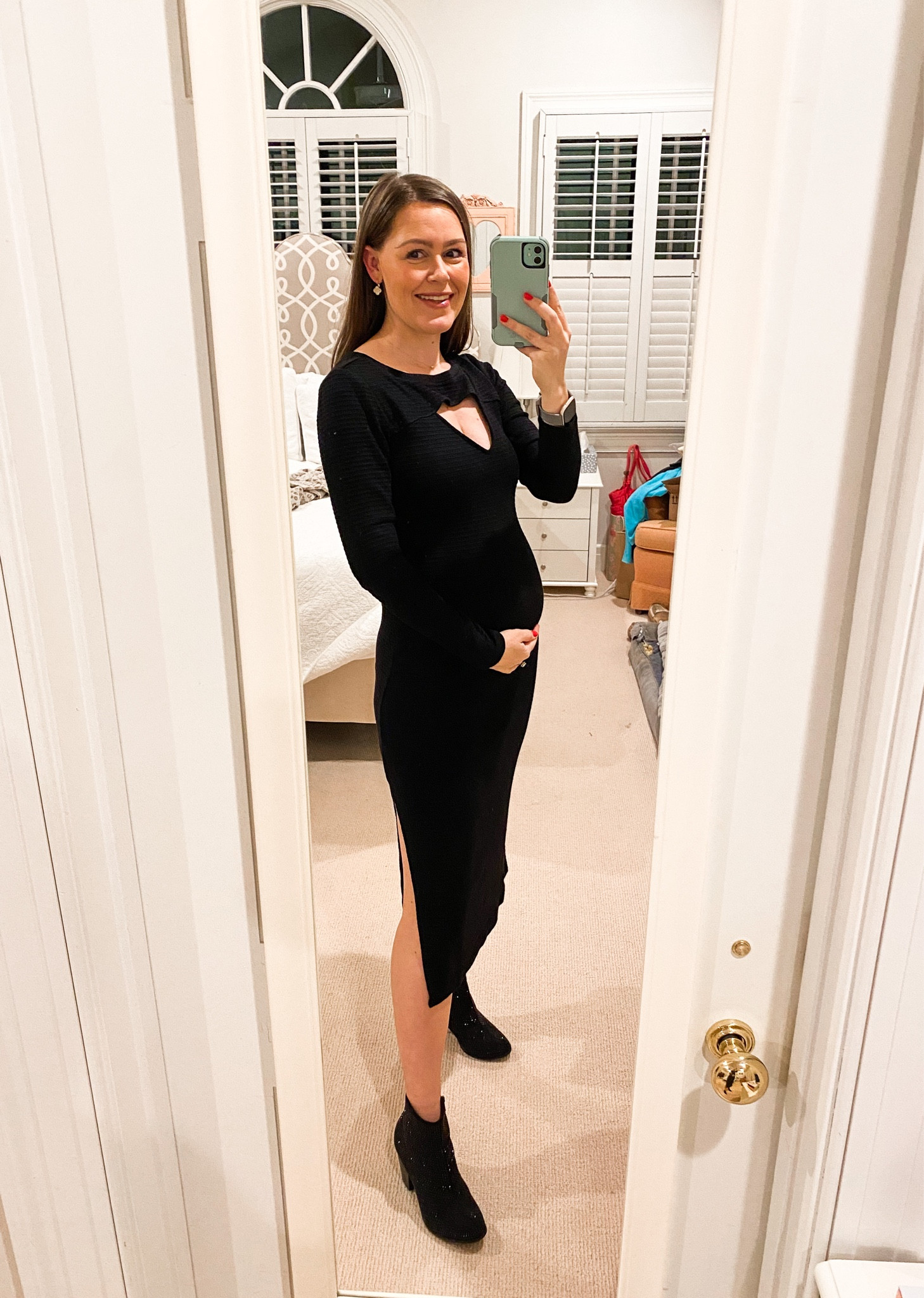Loving this black midi sweater dress! Bump friendly dress. *Wearing size small. 

Black cutout dress. Black sweater dress. Holiday outfit. Long sleeve sweater dress. Midi sweater dress. Glitter booties. Jewel booties. Black booties. Black heel booties. New Year’s Eve. Holiday dress. Maternity dress. Bump friendly dress. Amazon dress. Pregnant outfit. Maternity outfit. 

#LTKshoecrush #LTKHoliday #LTKbump