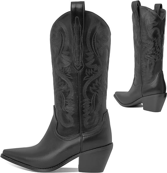 CYNLLIO Western Cowgirl Boots for Women Embroideried Chunky Heel Wide Mid Calf Boots Pull on Poin... | Amazon (US)