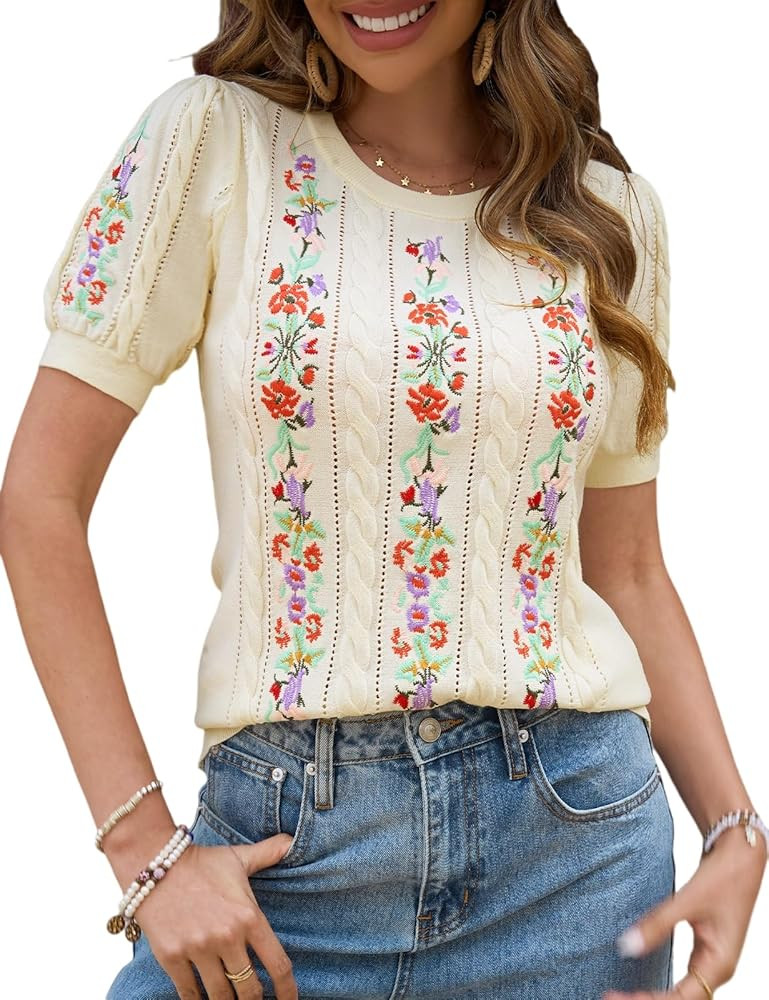CiCiBird Womens Short Sleeve Sweater Cute Embroidered Pullover Casual Cable Knit Summer Tops | Amazon (US)