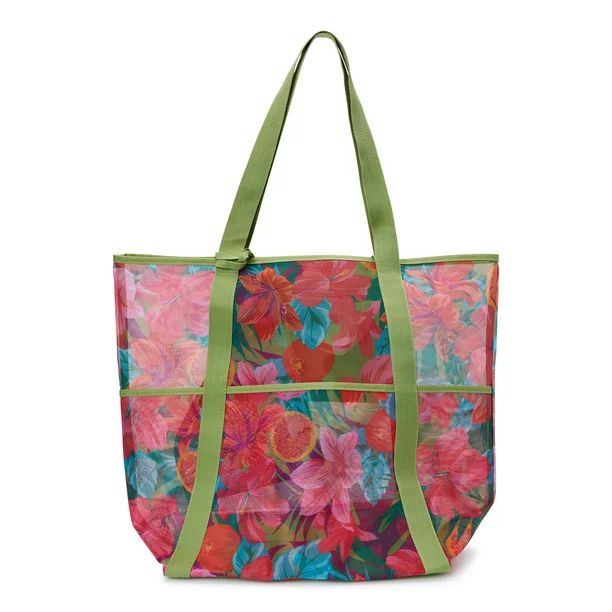 Time and Tru Women's Mesh Beach Tote Handbag, Tropical Lily | Walmart (US)
