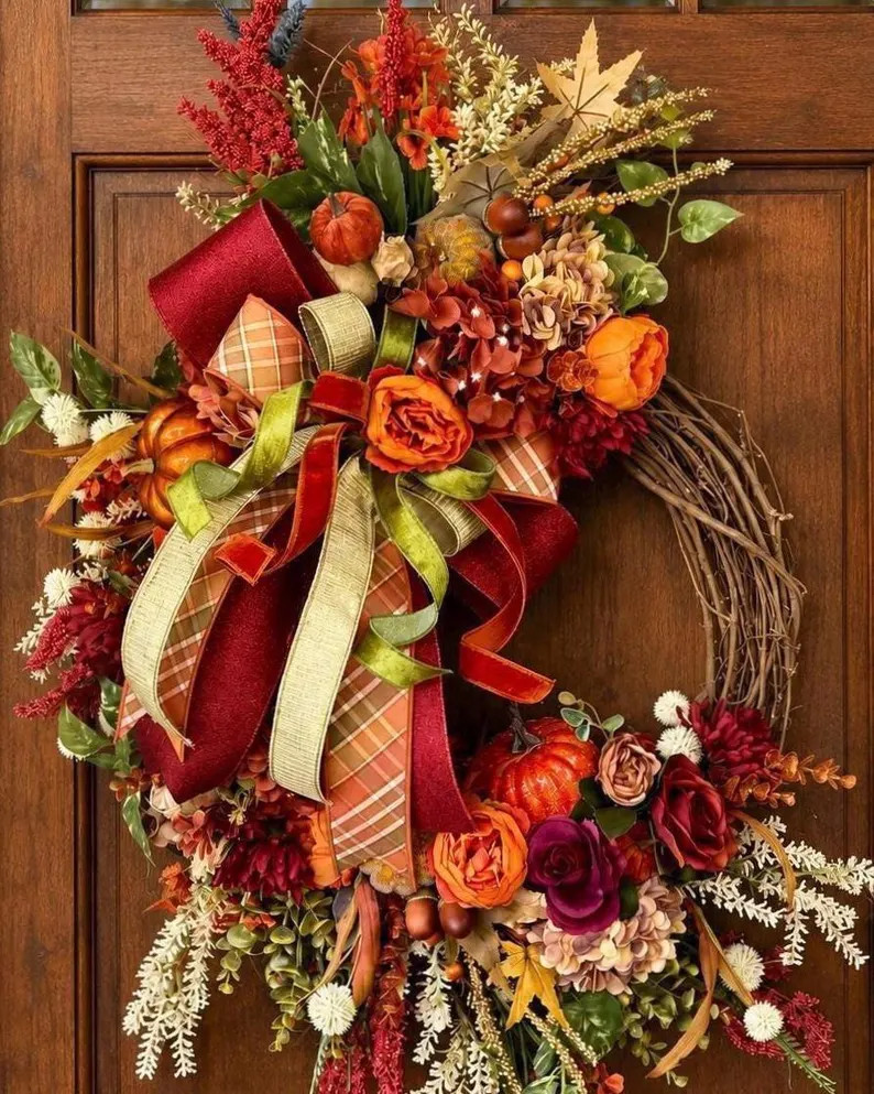 Luxury Fall Grapevine Wreath, Burgundy Orange Pumpkin Front Door Decor, Rich Autumn Harvest Wreat... | Etsy (Global)