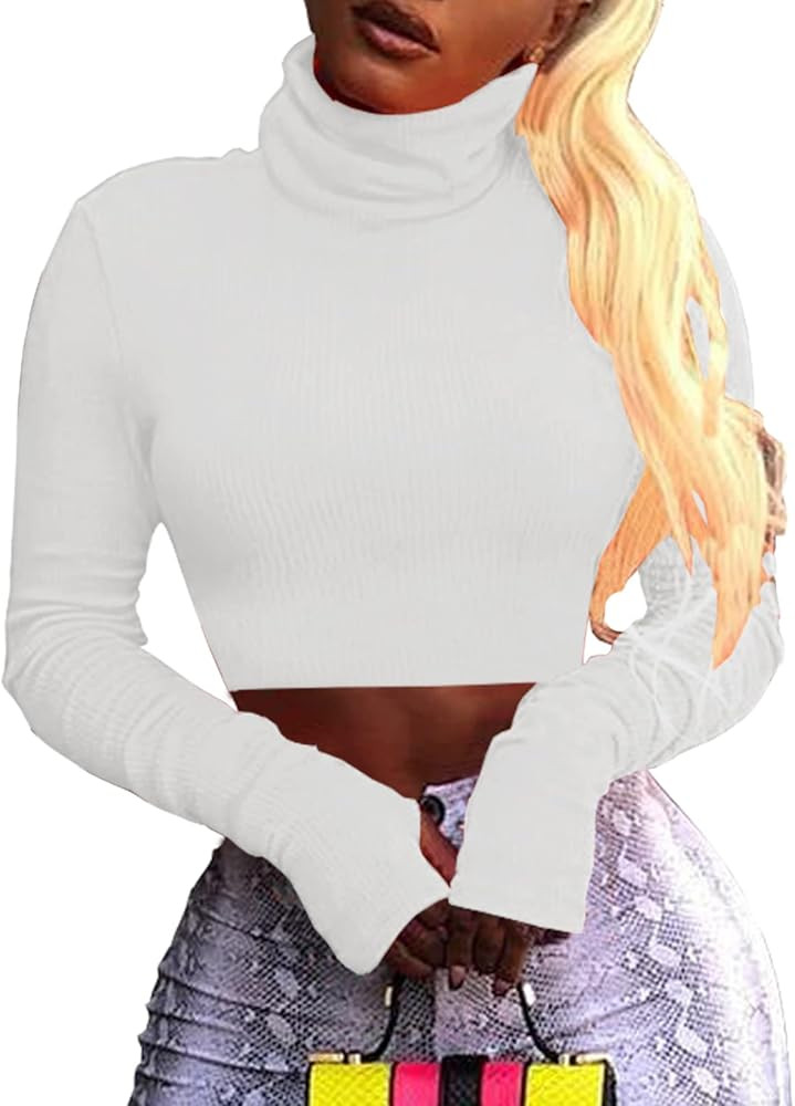 Artfish Women Long Sleeve Turtleneck Crop Tops Neon Ribbed Half Tight Cropped Sweaters Pullovers | Amazon (US)