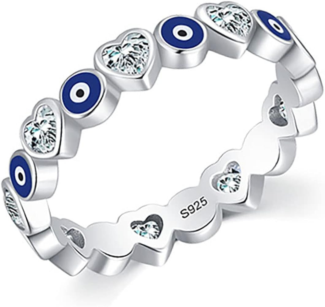Evil Eye Ring 925 Sterling Silver Enamel Blue Ring for Women Statement Cubic Zirconia Heart Rings... | Amazon (US)