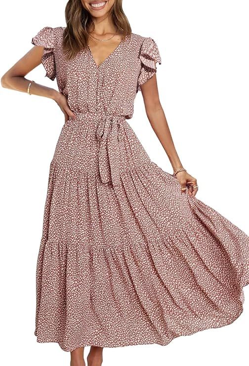 PRETTYGARDEN Women's Boho Floral Summer Dress Wrap V Neck Ruffle Short Sleeve A Line Belted Flowy... | Amazon (US)