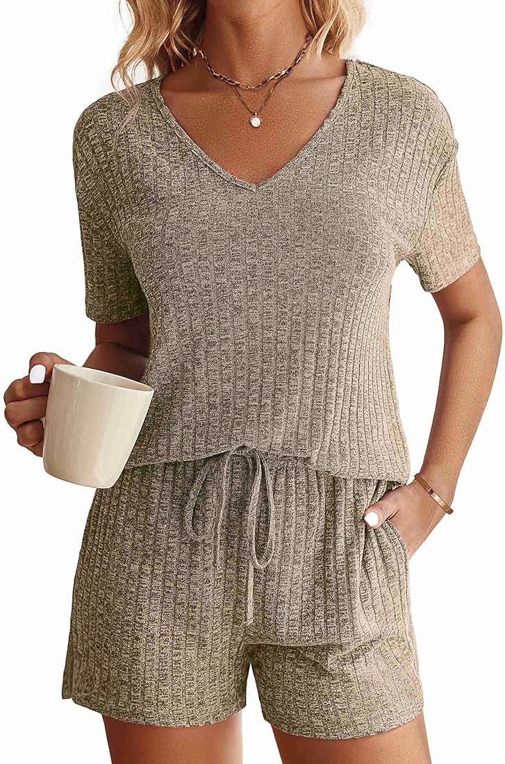 Womens Ribbed Knit Lounge Set Short Sleeve Top and Shorts Sleepwear Pajama Set Two Piece Matching... | Amazon (US)