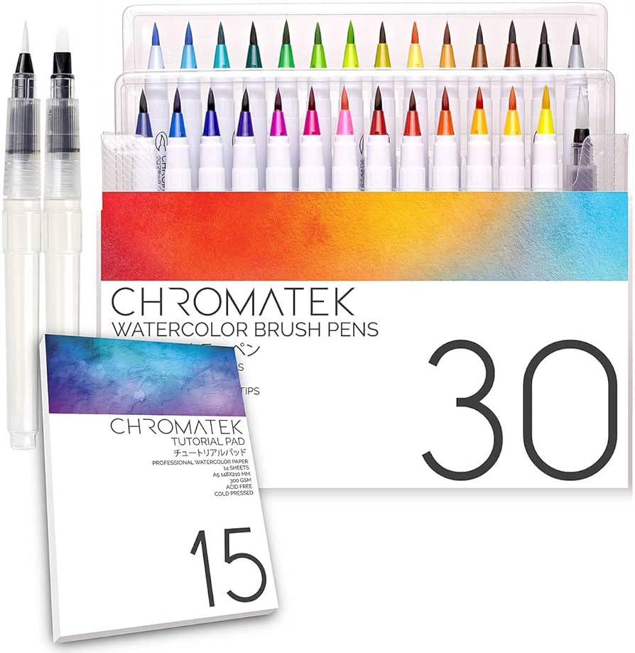 CHROMATEK 30 Watercolor Brush Pens | 15 Page Tutorial Pad & Online Video Series | Brush Tips | Vi... | Amazon (US)