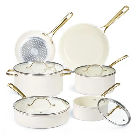 Chef Power 10 Pcs Ceramic Non Stick Cookware Sets, Pots and Pans Set with Stainless Steel Handle, Dishwasher and Oven Safe, Cream White with Light Gold Handle | Walmart (US)