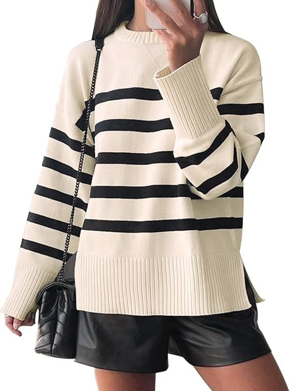 Women’s Striped Sweater Black White Striped Sweaters Long Sleeve Knit Pullover Tops Knitted Win... | Amazon (US)