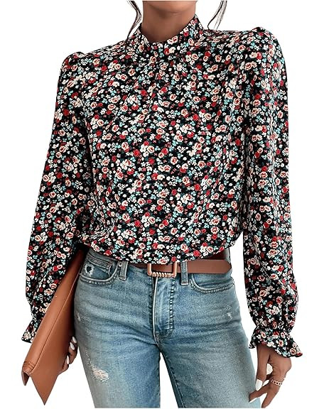 Floerns Women's Floral Print Ruffle Trim Long Sleeve Mock Neck Blouse Top | Amazon (US)