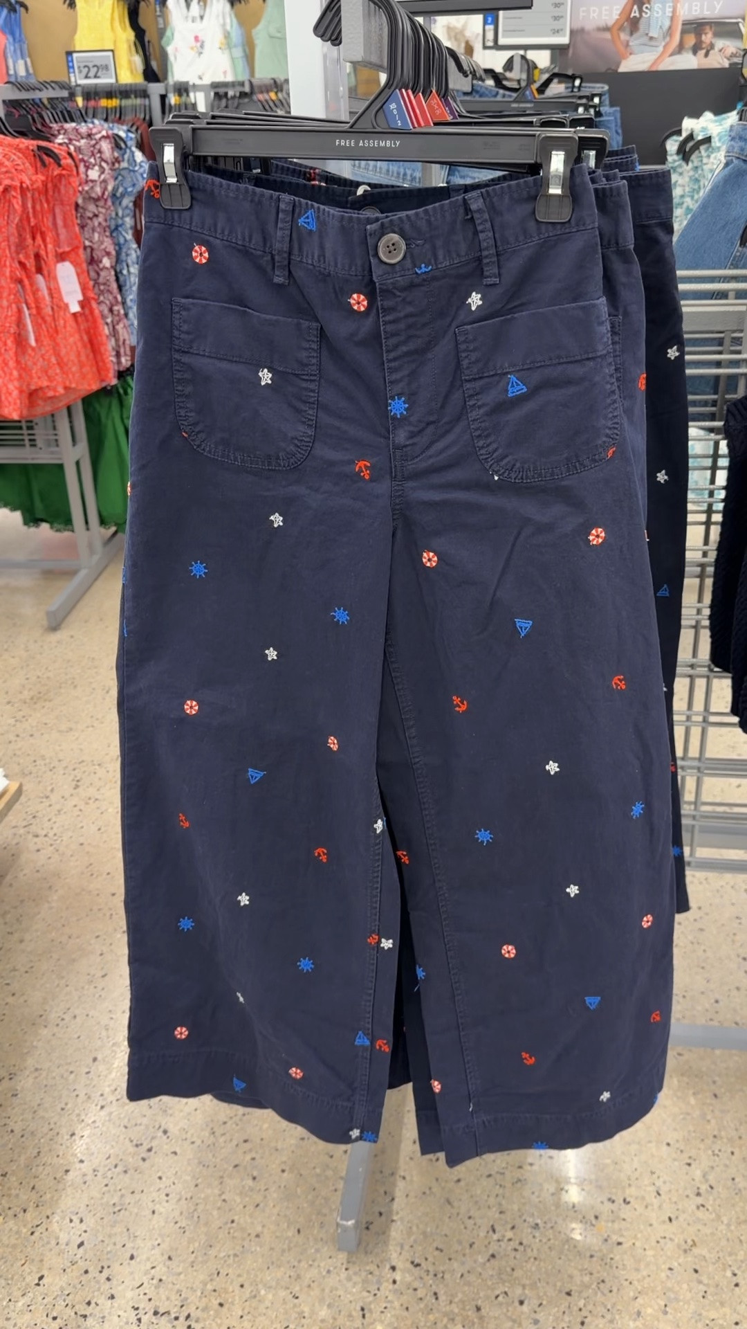 New cropped cotton pants at Walmart with little nautical embroidered motifs all over! So cute! #walmartfashion